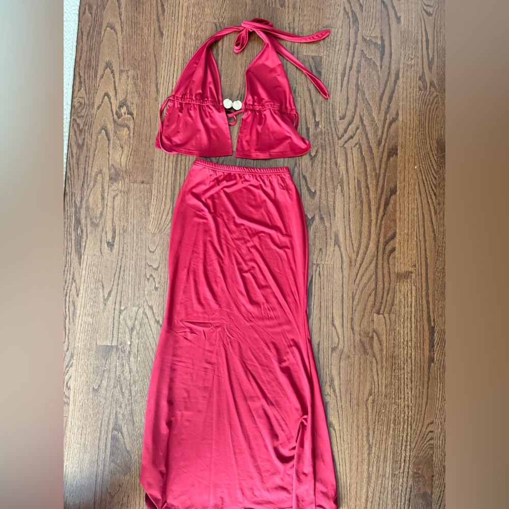 SHEIN Red Halter Crop Top and Maxi Skirt Set